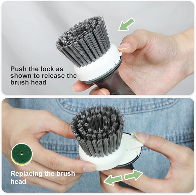 CQT Dish Brush with Soap Dispenser – One-Press Suds, Built-in Scrubbing Pad, Non-Slip Handle for Pots, Pans & Non-Stick Cookware – Includes 2 Refill Heads