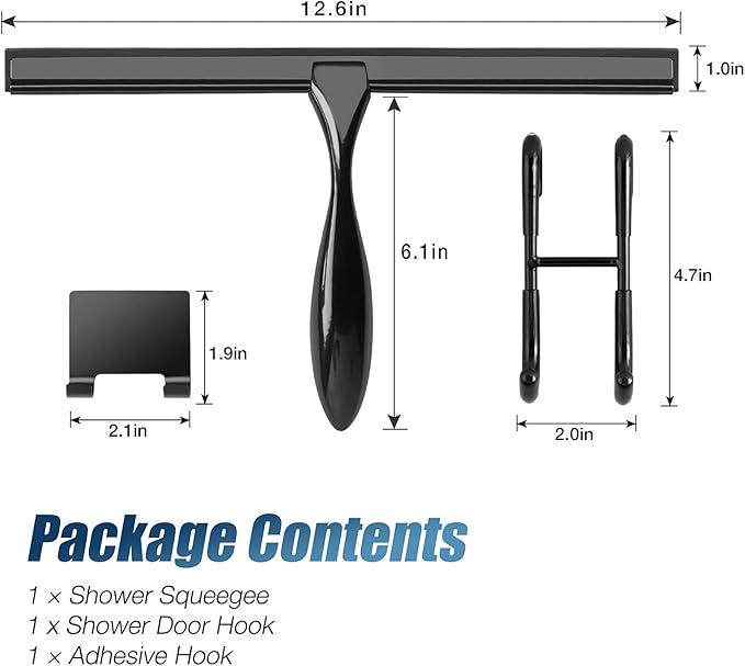 Simtive 12-Inch Shower Squeegee Set, Includes Shower Door Hook and Adhesive Hook, Squeegee for Shower Doors, Mirror and Window, Black