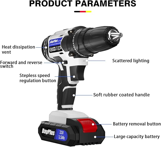 Cordless Drill Set, 21V Electric Power Drill Driver Kits, 19+1 Position Power Drill Kit With 1.5Ah Battery & 1H Fast Charger, 2 Variable Speed Drill LED Light Tool Box Set for Home Repair Tool Kit
