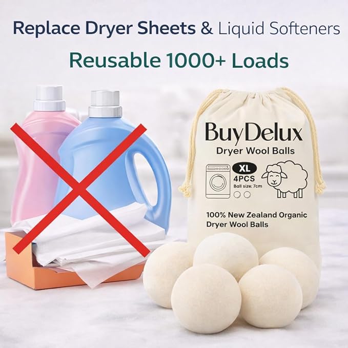 Wool Dryer Balls 4 Pack XL 7cm, 100% New Zealand Wool, Reusable 1000+ Loads, Natural Fabric Softener Alternative, Reduces Static & Wrinkles.