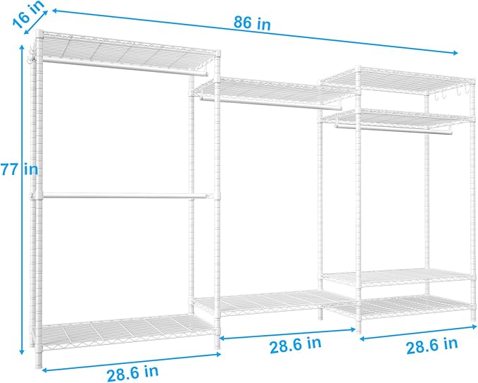 Ulif E13 Max Heavy Duty Clothes Rack（With 4 Hanger Rods & 8 Shelves） Freestanding Clothing Racks for Hanging Clothes，Adjustable Closet，Metal Garment Rack 86" W x16 D x77 H，Max Load 1100LBS，White