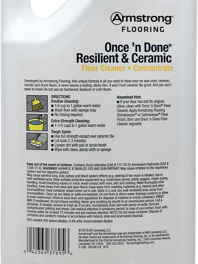 Armstrong Once'n Done Resilient & Ceramic Floor Cleaner Concentrate 32oz No-Rinse No-Wax New Package