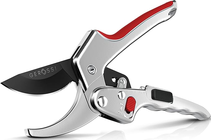 Ratchet Pruning Shears for Gardening Heavy Duty - Increases Cutting Power 3x - Perfect Ratchet Pruners for Weak Hands & Arthritis - 8” Anvil Garden Clippers - Sharp Blade for Effortless Cutting - Red