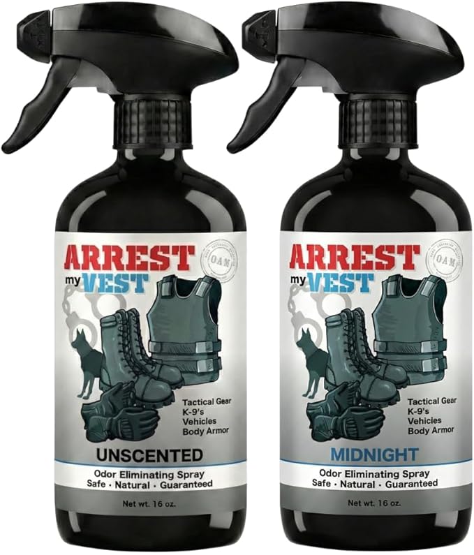Arrest My Vest Military Grade Odor Eliminating Spray for Body Armor, Tactical Gear, and K9 Equipment. Safe on All Ballistic Vests, Fabrics, & Police Gear 1 Midnight & 1 Unscented 16 oz Bottles