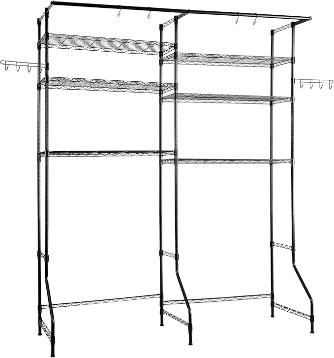 VEVOR Over Washer and Dryer Storage Shelves, 6 Tiers Laundry Room Drying Rack with Hanger Rod and Hooks, Two Rows Adjustable Washer Shelves Space Saver, for Laundry Room Storage & Organization, Black