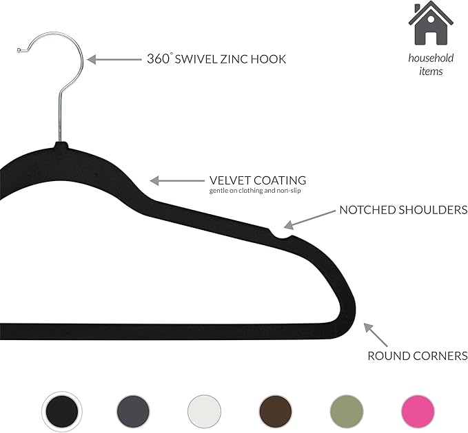 Simplify Slim Velvet Clothes Hangers | 25 Pack | Non-Slip | Shirts | Suit | Pants | Dresses | Garments | Closet Storage & Organization | Durable | Black