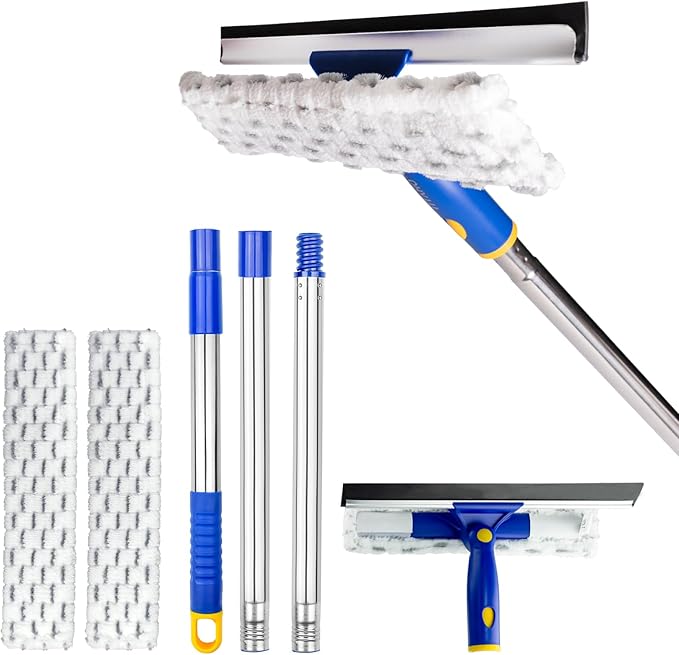 ITTAHO Squeegee for Window Cleaning with Extendable Pole, 53" 2-in-1 Window Cleaning Tool Kit, Shower Squeegee with Long Handle, Indoor/Outdoor High Window Cleaning-Two Pads