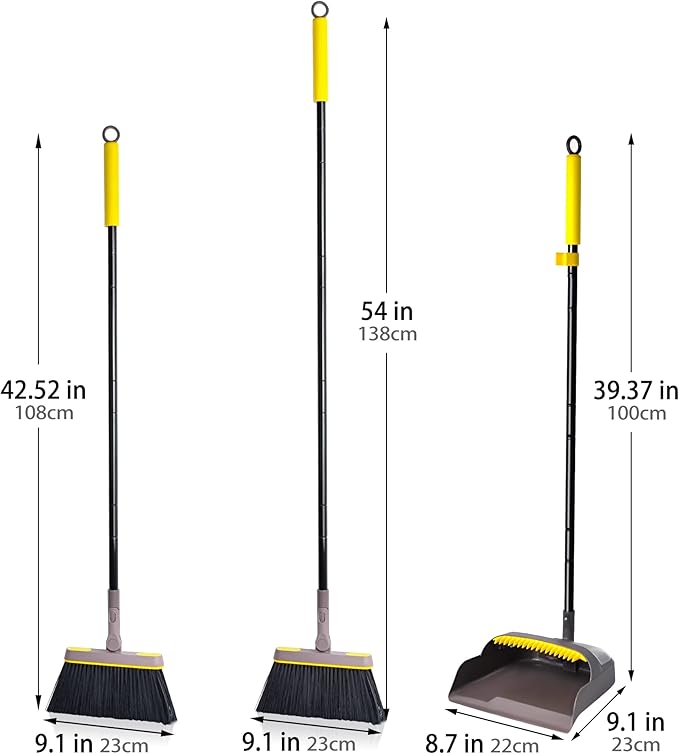 Broom and Dustpan Set for Home with 54 Inches Long Handle, Upright Stand Up Dust Pan with Teeth, 180 Degree Swivel Head Broom for Home Kitchen Lobby Room Office Floor Indoor Outdoor