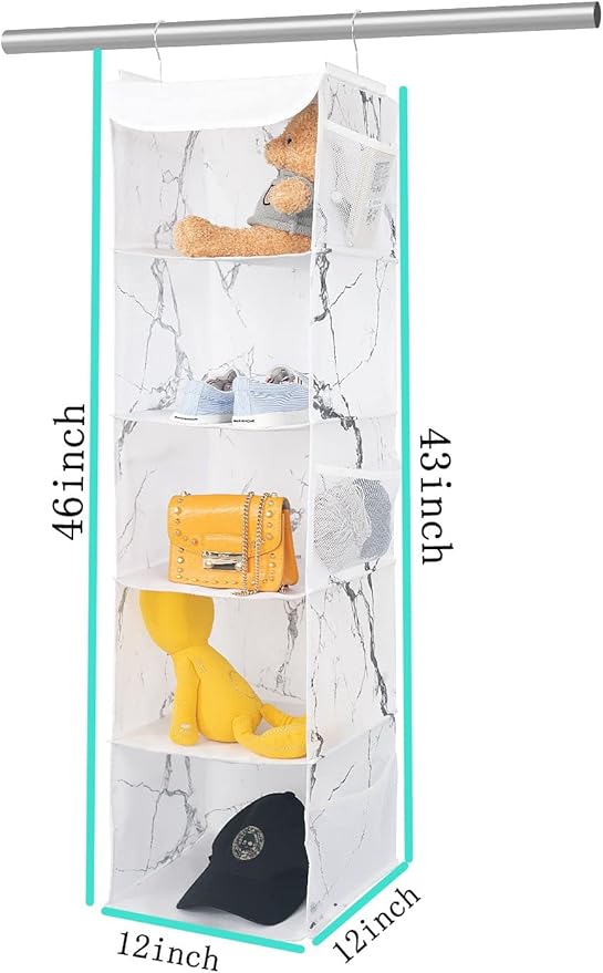 BrilliantJo 5 Shelves Hanging Closet Organizer, 2 Pack Hanging Storage with 6 Side Pockets for Clothes Shoes, 43"x12"x12"(Marblizing)