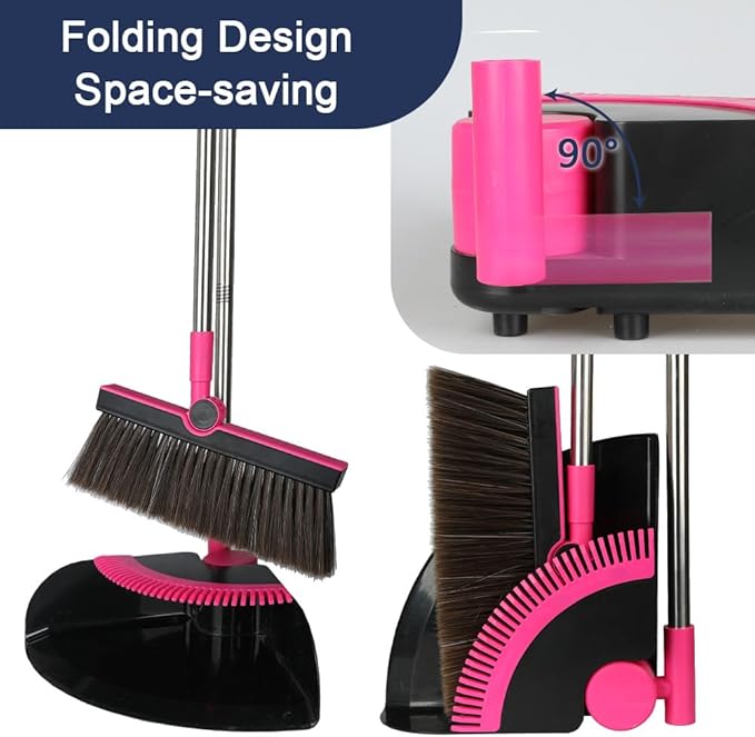 Triangular Indoor Broom and Dustpan Comb Set, 180° Rotating, Soft Bristle Long Handle Upright Sweeping Angled Broom with Self-Cleaning Teeth for Home, Kitchen, Office, Wood Floor (Black Pink)