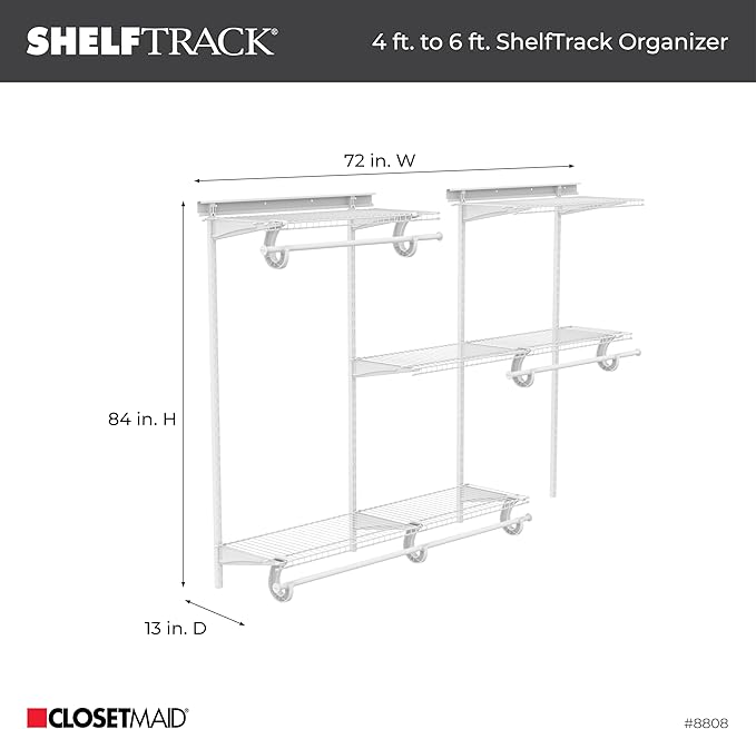 ClosetMaid ShelfTrack Wire Closet Organizer System, Adjustable from 4 to 6 Ft., With Shelves, Clothes Rods, Hardware, Durable Steel, White