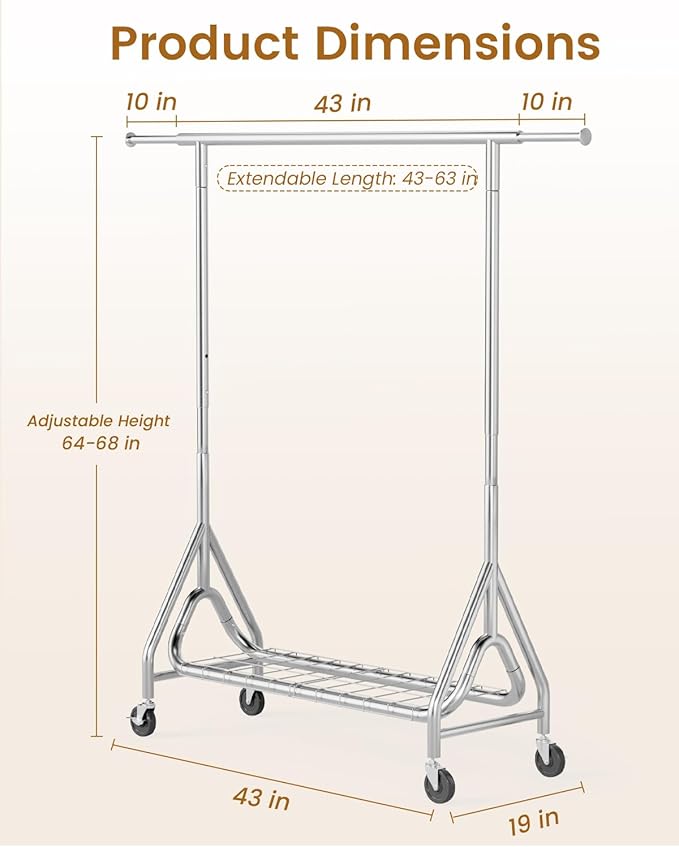 Heavy Duty Clothing Rack, Metal Clothes Rack Load 450 LBS, Rolling Coat Racks for Hanging Clothes with Lockable Wheels, Wardrobe Closet Garment Racks for Bedroom, Silver