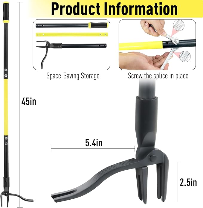 Jardineer Weed Puller Tool, 45" Stand Up Weed Remover Tool with Reinforced All-Steel Handle & 4-Claw Steel Head, Heavy Duty Manual Weeder for Garden Lawn Yard, Easily Remove Weeds Without Bending