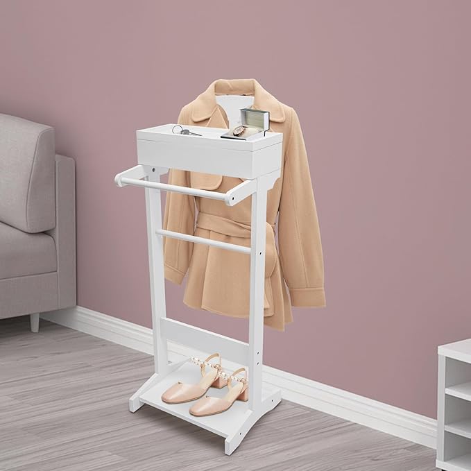 Valet Stand for Man and Women, Wood Suit Rack Suit Valet Stand with Top Tray, Storage Drawer, Bottom Shoe Rack, Freestanding Clothes Rack for Living Room, Entryway, Bedroom, Office, Black (White)