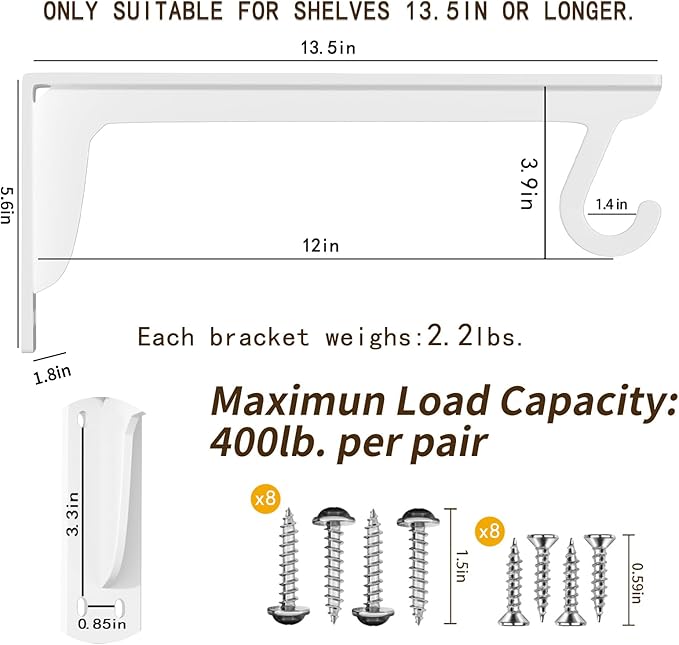 Closet Rod Support Bracket White WYGWP 13.5 inch Heavy Duty Shelf Brackets with Rod Holders Support 400lbs Wall Mounted Sturdy 2 Pack