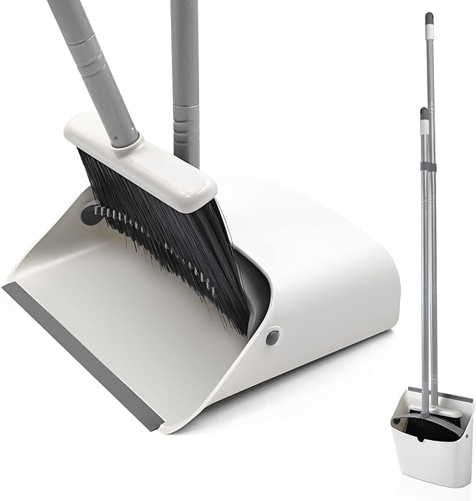 Broom and Dustpan Set, JEHONN Long Handle Lightweight Broom Set Upright Standing Dustpan Stand Up Store Sweep Set for Home Room Kitchen Office Lobby