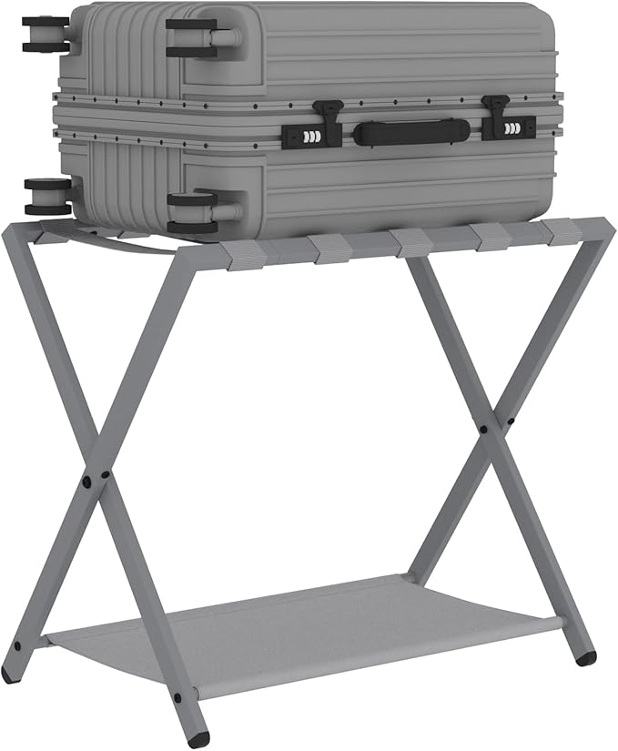 Hzuaneri Luggage Rack, Folding Suitcase Stand for Guest, Foldable, Luggage Holders with Shelf, Steel Frame with Nylon Straps for Bedroom, Hotel, Holds up to 154 lb, Grey,1 Pack LR03899G