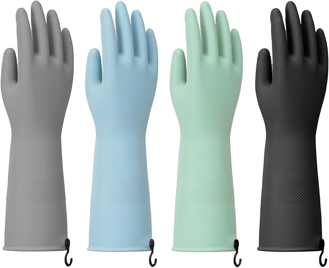 Dishwashing Gloves for Kitchen, 4 Pairs Rubber Cleaning Household Dish Washing Latex Glove with Hanging Hook (Black+Blue+Green+Grey, Small)