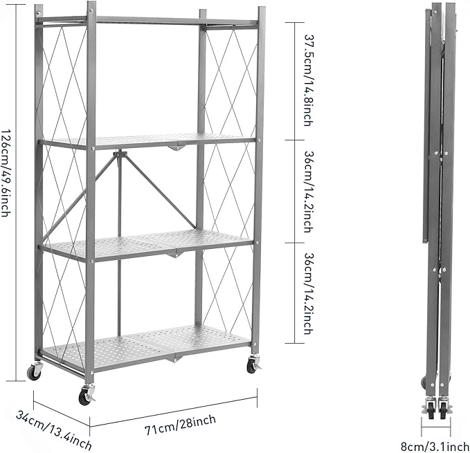 BRIAN & DANY 4-Tier Foldable Storage Shelves with Wheels, Folding Metal Rack Shelving Unit, Heavy Duty No Assembly Organizer Shelf for Garage, Kitchen, Basement, Pantry, Gray