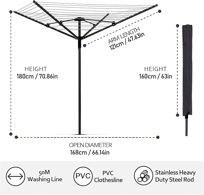 Heavy Duty Outdoor Umbrella Drying Rack, 12 Lines with 165 Feet Drying Space, Steel Frame & Adjustable Height, 4-arm Umbrella Clothesline for Laundry, Collapsible Clothes Drying Rack for Backyard