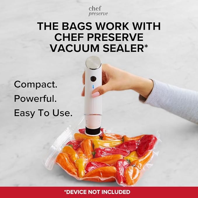 Chef Preserve Reusable Vacuum Sealer Bags for Food – 30 BPA-Free Large (12 x 13 in) Food Storage Bags, Freezer, Microwave – Odor-Resistant, Leak-Proof – Compatible with Chef Preserve Vacuum Sealers