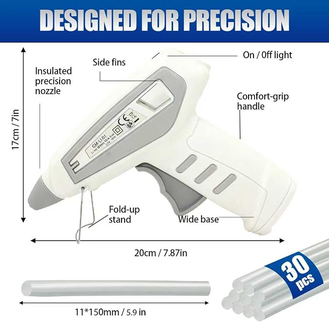 Cordless Hot Glue Gun Kit Includes 30 Hot Glue Sticks, Switch with 10W Drip-proof Design with 15-Second Fast Heating, Suitable for DIY Crafts, Fabric, Wood & Home Repairs（White）