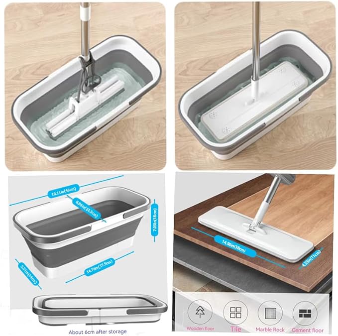 Bucket with Wringer Set, 6 Piece Microfiber Flat Mop Cleaning System with Long Handle, Hands Free Floor Cleaner for Hardwood, Tile & Wall (1 Mop + 6 Microfiber Pads + 1 Bucket)