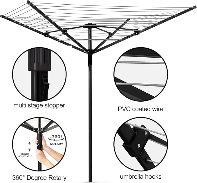 Heavy Duty Outdoor Umbrella Drying Rack, 12 Lines with 165 Feet Drying Space, Steel Frame & Adjustable Height, 4-arm Umbrella Clothesline for Laundry, Collapsible Clothes Drying Rack for Backyard