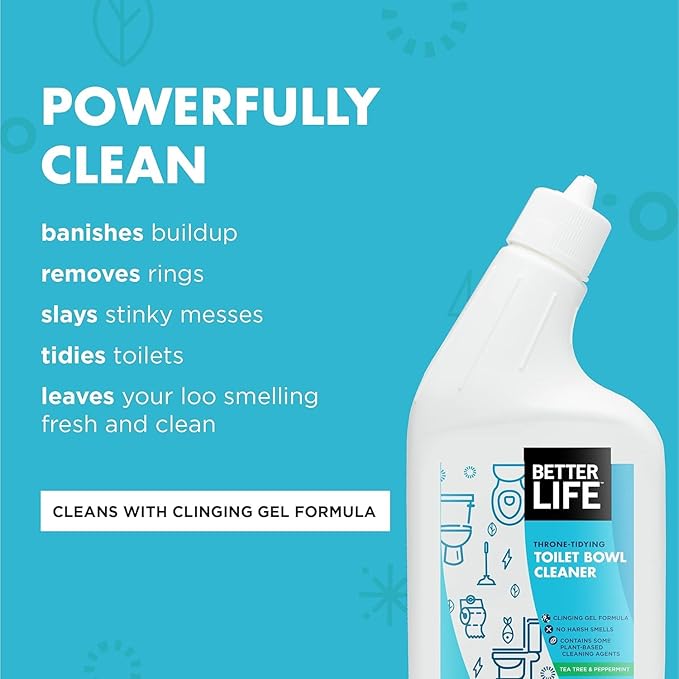 Better Life Toilet Bowl Cleaner, Plant-based, Stain & Odor Remover, Tea Tree & Peppermint Scent Cleaning Gel, Liquid Bathroom Cleaners for Household, 24 Oz, Pack of 2