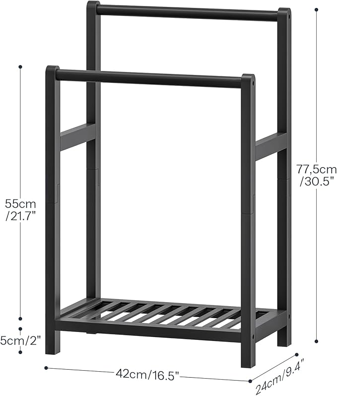 HOOBRO Freestanding Towel Rack for Bathroom, 2 Tier Decorative Bamboo Blanket Rack, Quilt Display Stand with Storage Shelf, 16.5" L x 9.4" W x 30.5" H, Bedroom, Living Room, Black BK02LB01