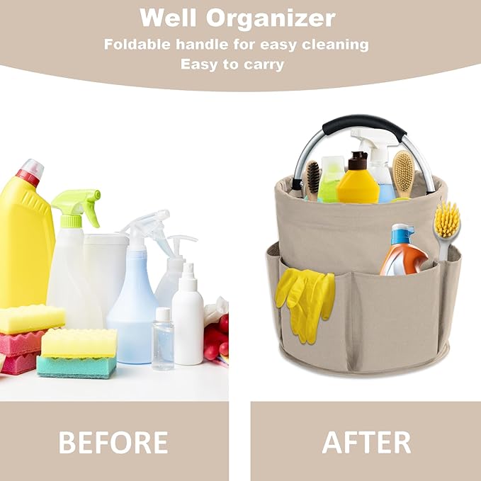 17L Cleaning Caddy with Handle, Cleaning Supplies Organizer, Foldable Storage Basket, Cleaning Supply Caddy, Portable Multi Cleaning Bucket Bag for Home, Garden (Khaki)