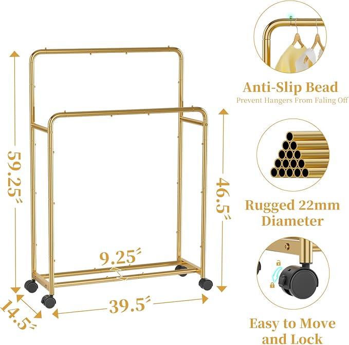 Simple Trending Clothing Clothes Rack Double Rods with Wheels, Rolling Metal Garment Rack for Hanging, Gold
