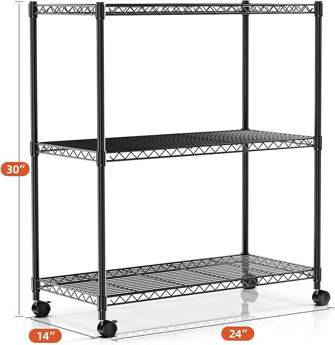 Simple Deluxe Shelving Unit - 3 Tier Shelf for Garage Storage, Black, 24.02" W x 13.78" D x 29.92" H, 750 Lbs Capacity, Adjustable Shelves, Leveling Feet, Caster Wheels for Easy Mobility,Black
