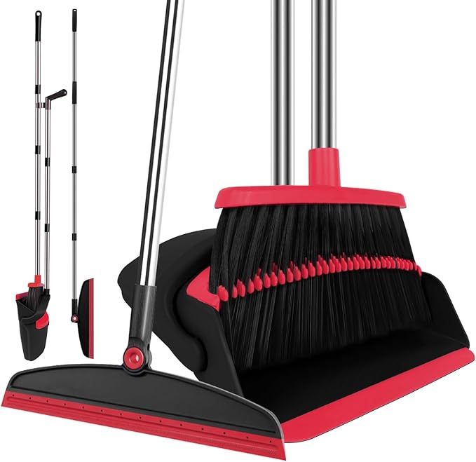 Broom with Dustpan Combo Set and Silicone Air Broom Kit, 51" Long Handle Floor Squeegee, Red Household Kit for Glass Window Rugs Pet Hair Home