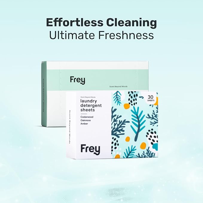 FREY Laundry Detergent & Dryer Sheets Bundle | 60 Count | Plastic Free | Liquidless Full Wash Solution | Soft Fresh Clothes (Cedar Grove)