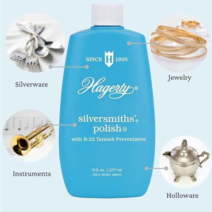 Hagerty Silversmiths' Polish, Professional Silver Cleaner and Tarnish Remover for Jewelry, Silverware, Gold and More, Kosher Certified, Made in USA, 8 Fl Oz