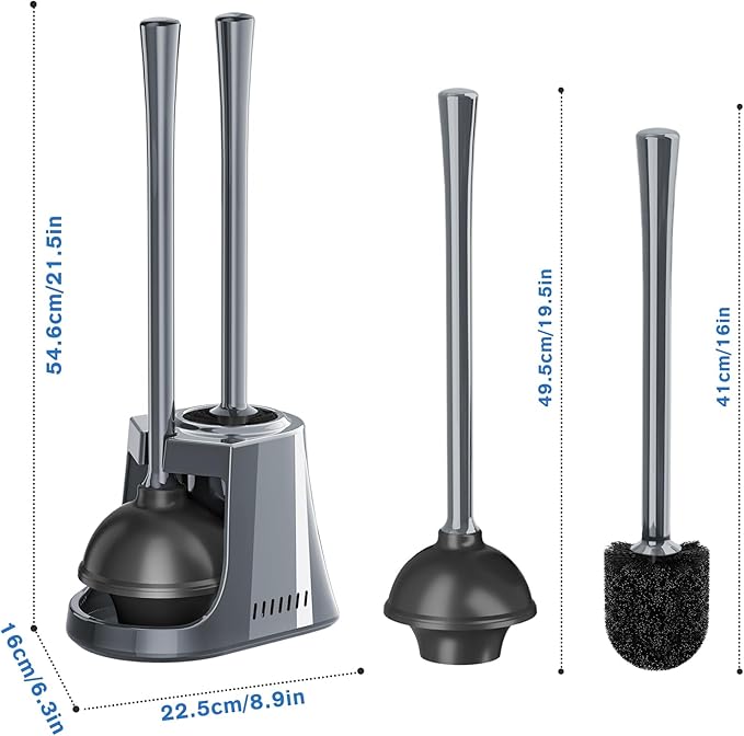 Toilet Plunger and Brush with Holder, Bowl Brush and Heavy Duty Toilet Plunger Set with Ventilated Holder, 2-in-1 Toilet Brush and Plunger Combo for 5.3-inch Toilet Drain New Pack (Grey, 1)