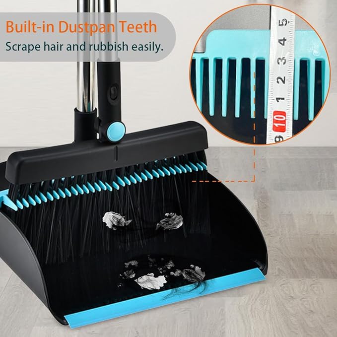 Broom and Dustpan Set for Home, Long Handle Dust Pan and Broom Combo for Indoor Outdoor Heavy Duty Dustpan Set for Kitchen Lobby Office Upright Standing Dustpan with Teeth (Deep Blue)