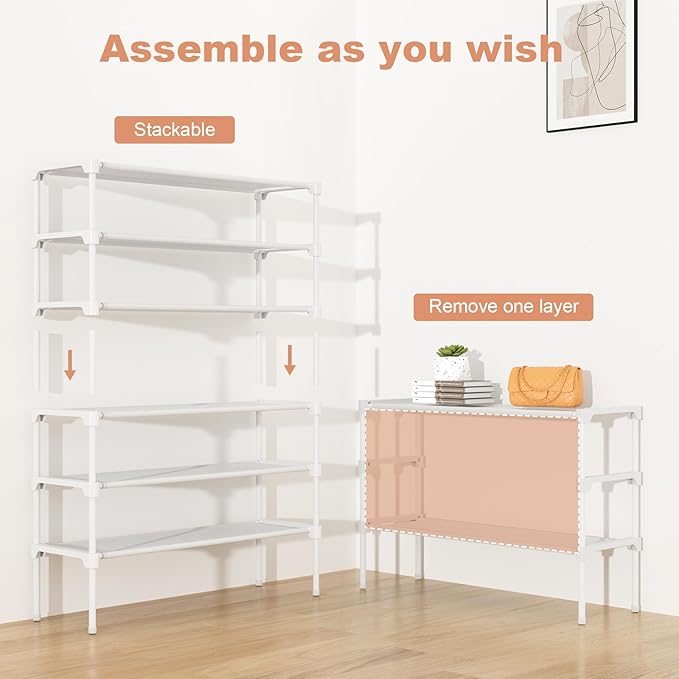 34" Widening Design Shoe Rack for Closet 16 Pairs Small Spaces Non-Woven 3 Tier Shoe Organizer Stackable Metal Shoe Shelf for Entryway, Bedroom White