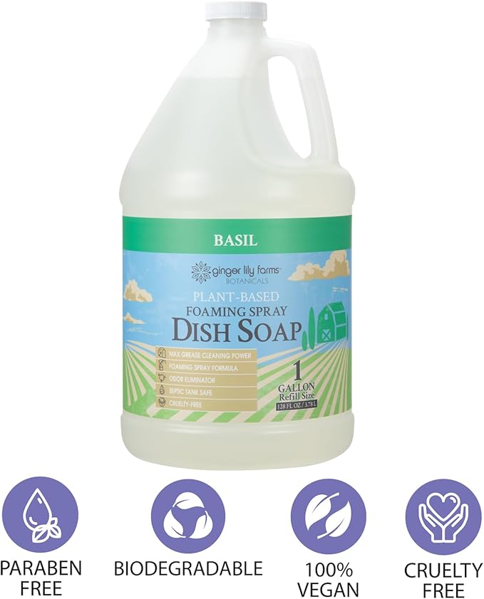 Ginger Lily Farms Botanicals Plant-Based Foaming Spray Dish Soap, Concentrated Formula with Max Grease Cleaning Power, Cruelty-Free, Basil Scent, 1 Gallon (Pack of 4)