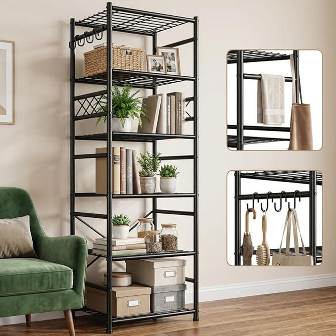 Metal Shelving 6-Tier Storage Shelves Unit with Hooks,Heavy Duty Garage Shelving with Leveling Feet,High Standing Shelf Organizer for Kitchen Pantry Bathroom Dorm,17.7”W×11.8”D ×72.2”H,Black