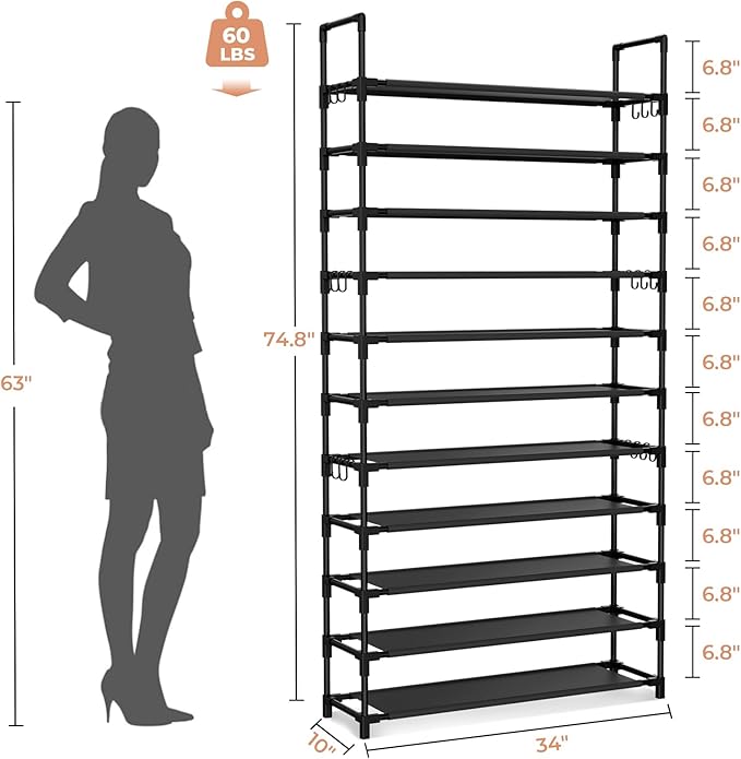 LANTEFUL 11 Tiers Tall Shoe Rack Holds 55 Pairs of Shoes with 18pcs Hooks Sturdy Wide Shoe Organizer Storage Free Standing Metal Shoe Shelf for Closet, Entryway Black