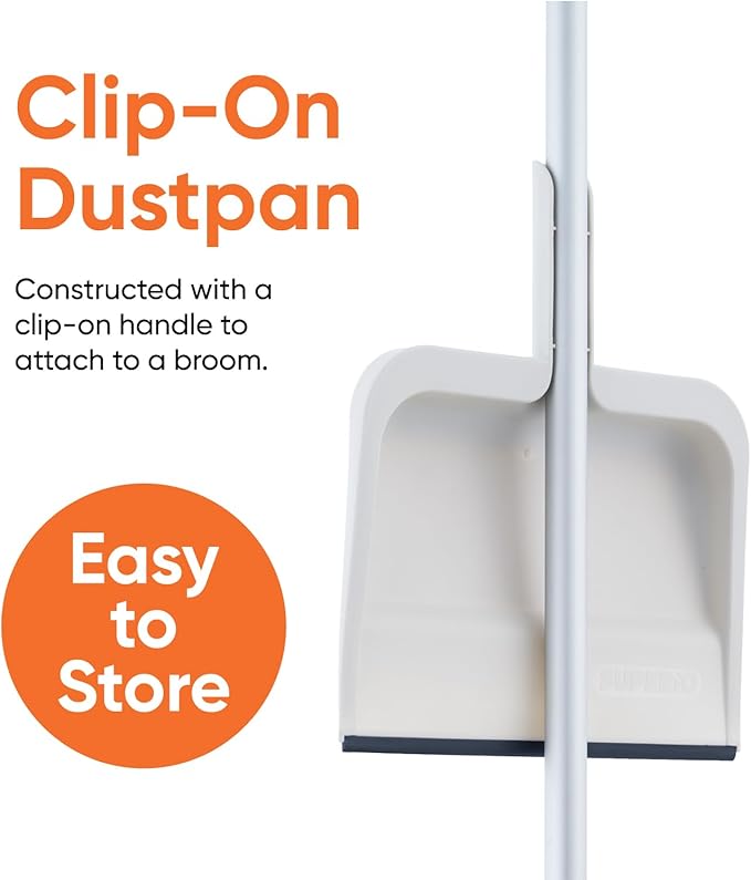 Superio Clip-On Dustpan with Rubber Lip - 10-inch Wide Durable Plastic Dust Pan with Comfort Grip Handle, White, 1-Pack