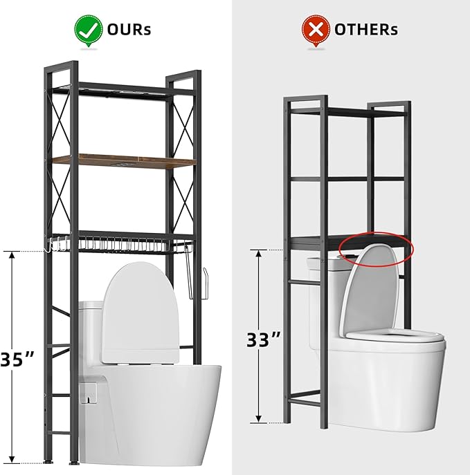 Kalrin Over The Toilet Storage with X Shape Side Guardrail, 3-Tier Over Toilet Storage Rack with Drain Basket, Freestanding Bathroom Organizer for Balcony Laundry, Vintage Brown