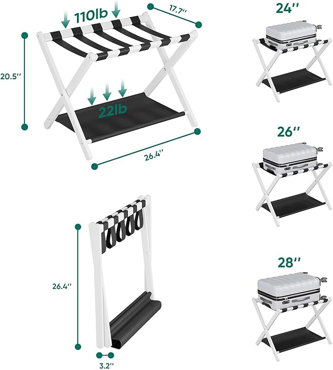 Smuxee White Bamboo Luggage Rack Pack of 2, Foldable Suitcase Stand with Storage Shelf, Easily Assembled Luggage Stand with 5 Nylon Straps for Guest Room Bedroom Hotel