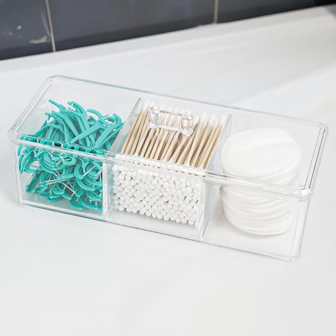 ZEXALOR Clear Bathroom Dresser Organizer - Cotton Ball Swab Holder with 3 Divided Compartments&Lid, , Waterproof Transparent Small Plastic Storage Containers, Vanity Makeup Organization