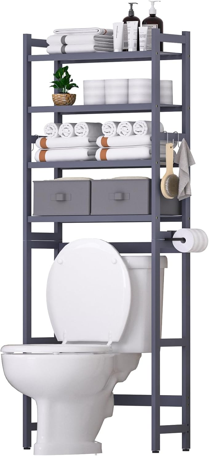 Cozivolife Over The Toilet Storage with 2 Baskets, 4-Tier Bamboo Organizer Rack with Paper Holder & 4 Hooks & Waterproof Feet Pad,Freestanding Shelf for Bathroom(Grey)