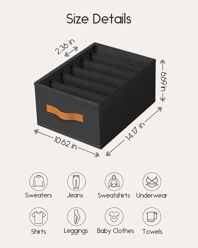 Homsorout Closet Organizers and Storage - Fabric Clothes Organizer with Handles, Foldable Jeans Organizer for Clothes, Drawer Organizer for Shirts, Bra, Sweater, Scarf, 4 Pack, Black