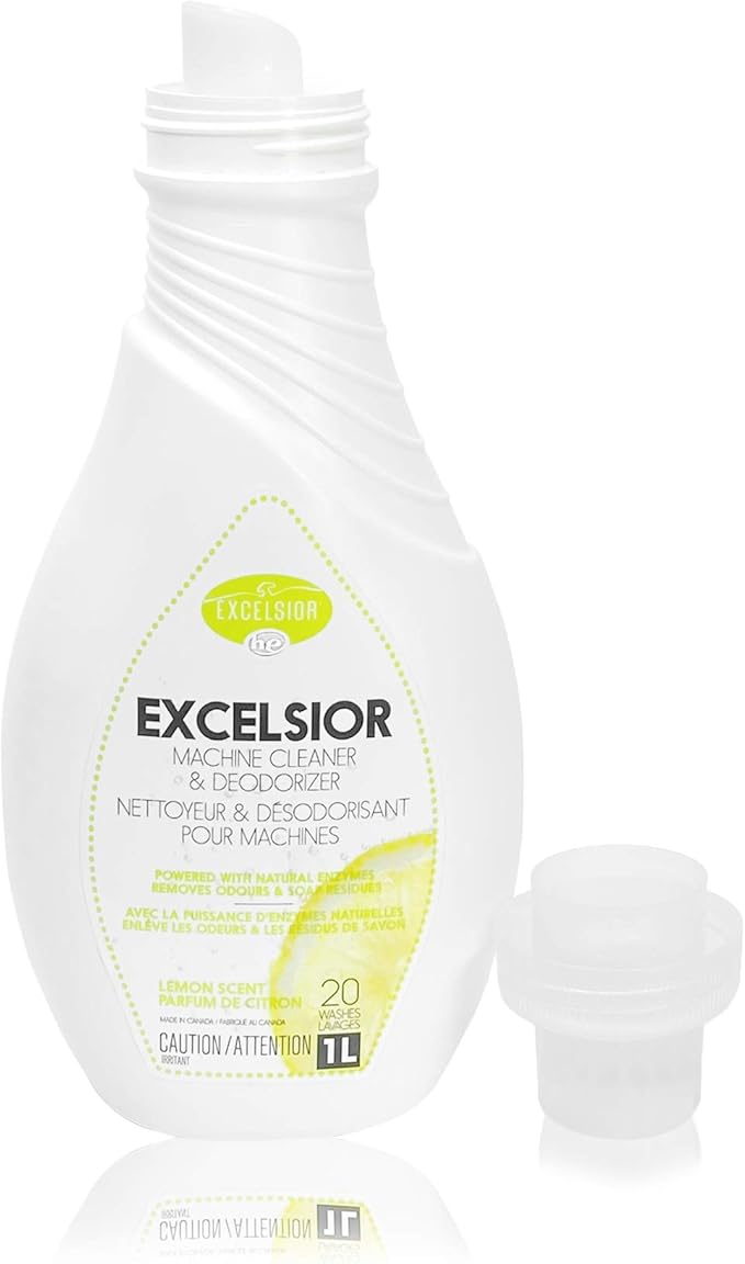 Excelsior HE Washing Machine Cleaner and Deodorizer, Removes Odors & Residues for 20 Cleanings of High Efficiency Washers, Lemon Scent, 1 Liter Bottle