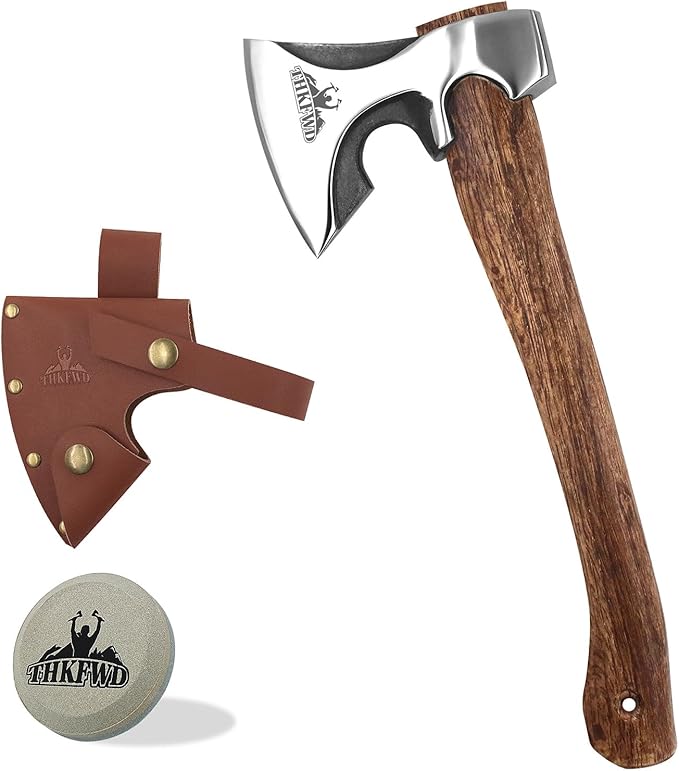 Camping Hatchet -Chopping Axe with Leather Sheath, 14.4" Forged Carbon Steel Wood Splitting Axe for Chopping Camping Survival